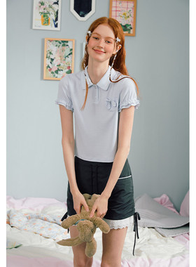 TAKEANAP午睡 短袖POLO衫女袖口木耳边口袋打结设计感T恤上衣夏