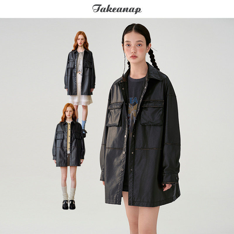 TAKEANAP午睡 黑色PU皮衣外套女春秋复古宽松立体口袋机车皮夹克