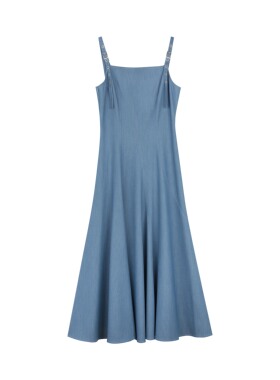 荷宝娜收腰长款显瘦吊带连衣裙女2025新款高腰垂顺蓝色牛仔裙春季