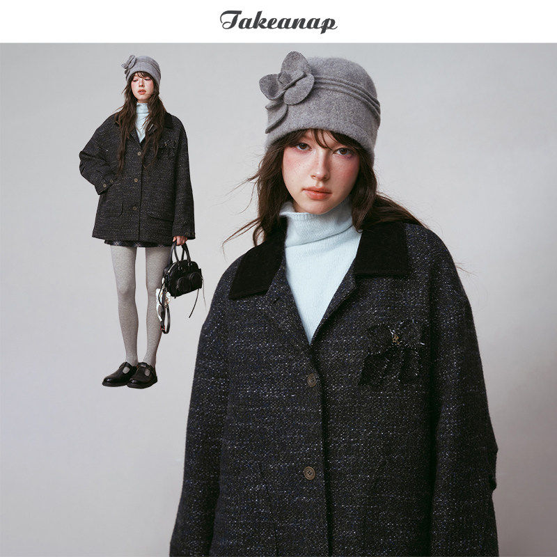 TAKEANAP午睡 羊毛杂点工装呢外套女冬复古皮领拼接保暖绗棉大衣