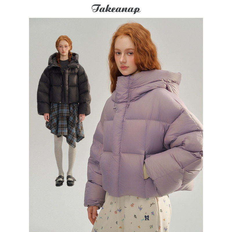 TAKEANAP午睡 短款泡芙连帽羽绒服女冬季新款90白鸭绒小个子外套
