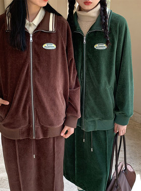 午睡自制 灯芯绒外套女秋冬日系复古学院风撞色拉链开衫宽松卫衣