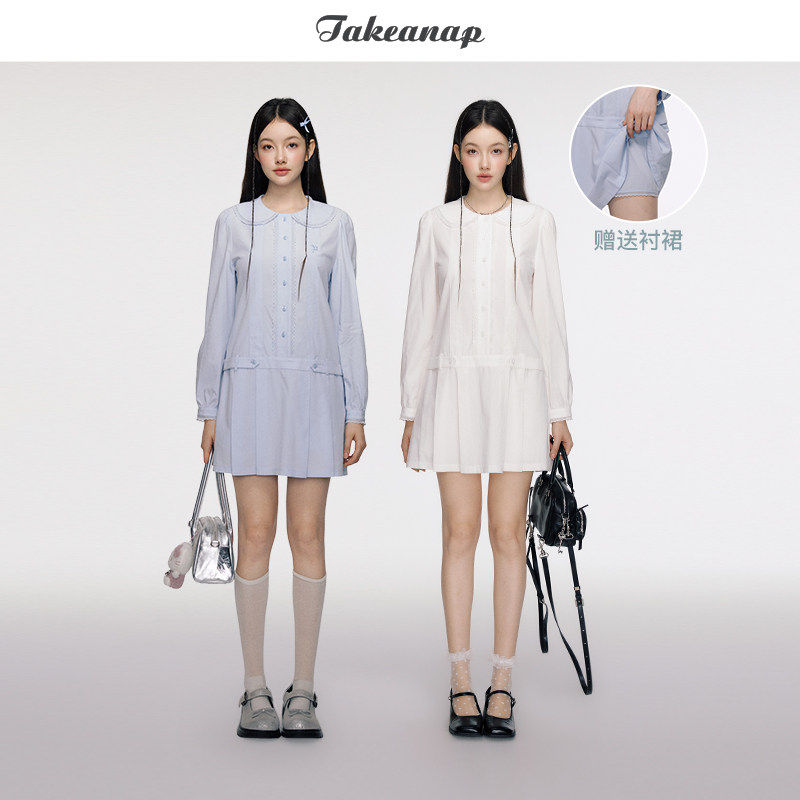 TAKEANAP午睡 蕾丝花边衬衫连衣裙女夏甜美娃娃领宽松长袖衬裙