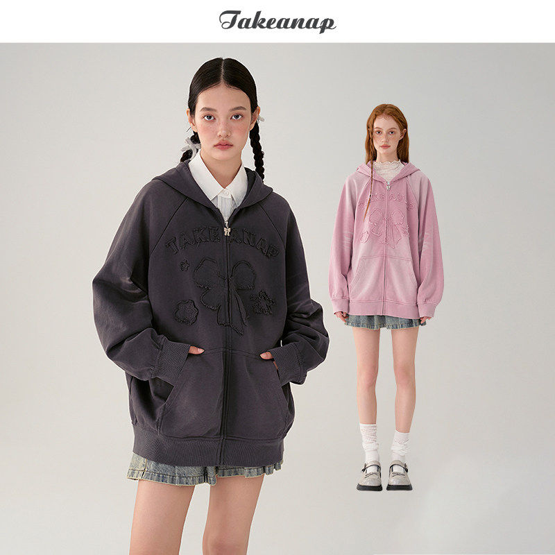 TAKEANAP午睡 贴布绣连帽卫衣开衫女春宽松做旧水洗美式复古上衣