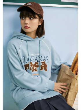 午睡自制 美式复古卫衣外套女春2026新款宽松字母毛巾绣连帽上衣