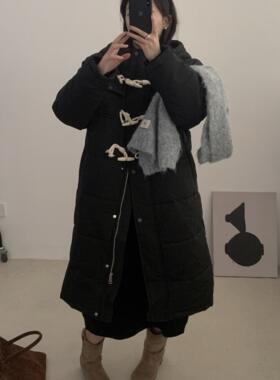 荷宝娜黑色加厚中长款棉服女2025年冬季新款高级感牛角扣显瘦棉衣