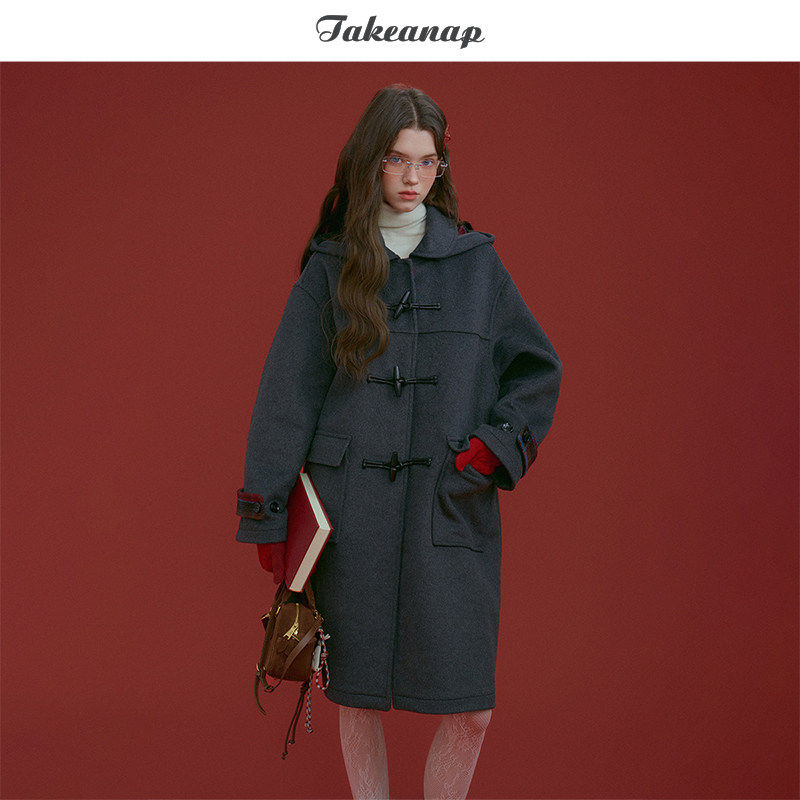 TAKEANAP午睡 双面呢大衣女牛角扣学院风30%羊毛宽松连帽外套秋冬