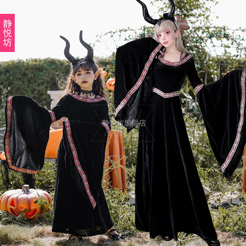 万圣节儿童服装亲子恶魔女巫吸血鬼巫师长袍童装中世纪表演连衣裙