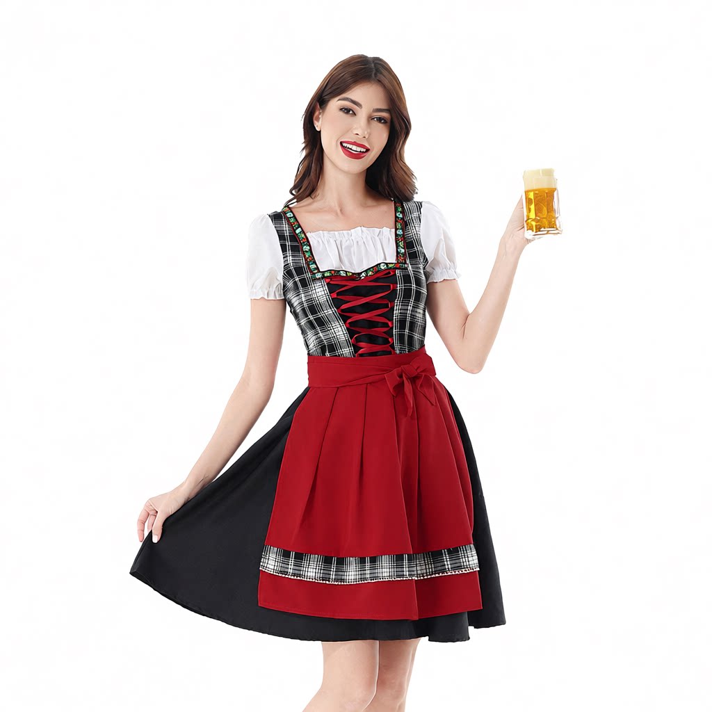 狂欢节女士传统德国啤酒节服装慕尼黑巴伐利亚Dirndl黑格子连衣裙