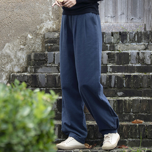新中式 纯色加厚亚麻灯笼棉裤 复古裤 女式 子休闲夹棉萝卜长裤 秋冬季