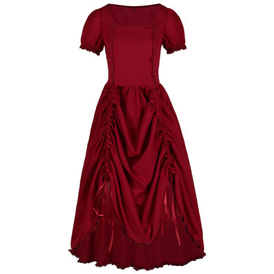女蒸汽朋克哥特式高低复古朋克裙 方领短袖抽绳纯色连衣裙表演服