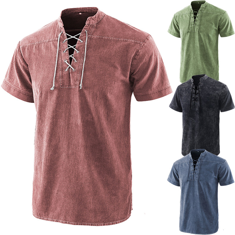 夏季新款男士复古短袖衬衫 立领绑带水洗上衣舞台表演服男Cosplay