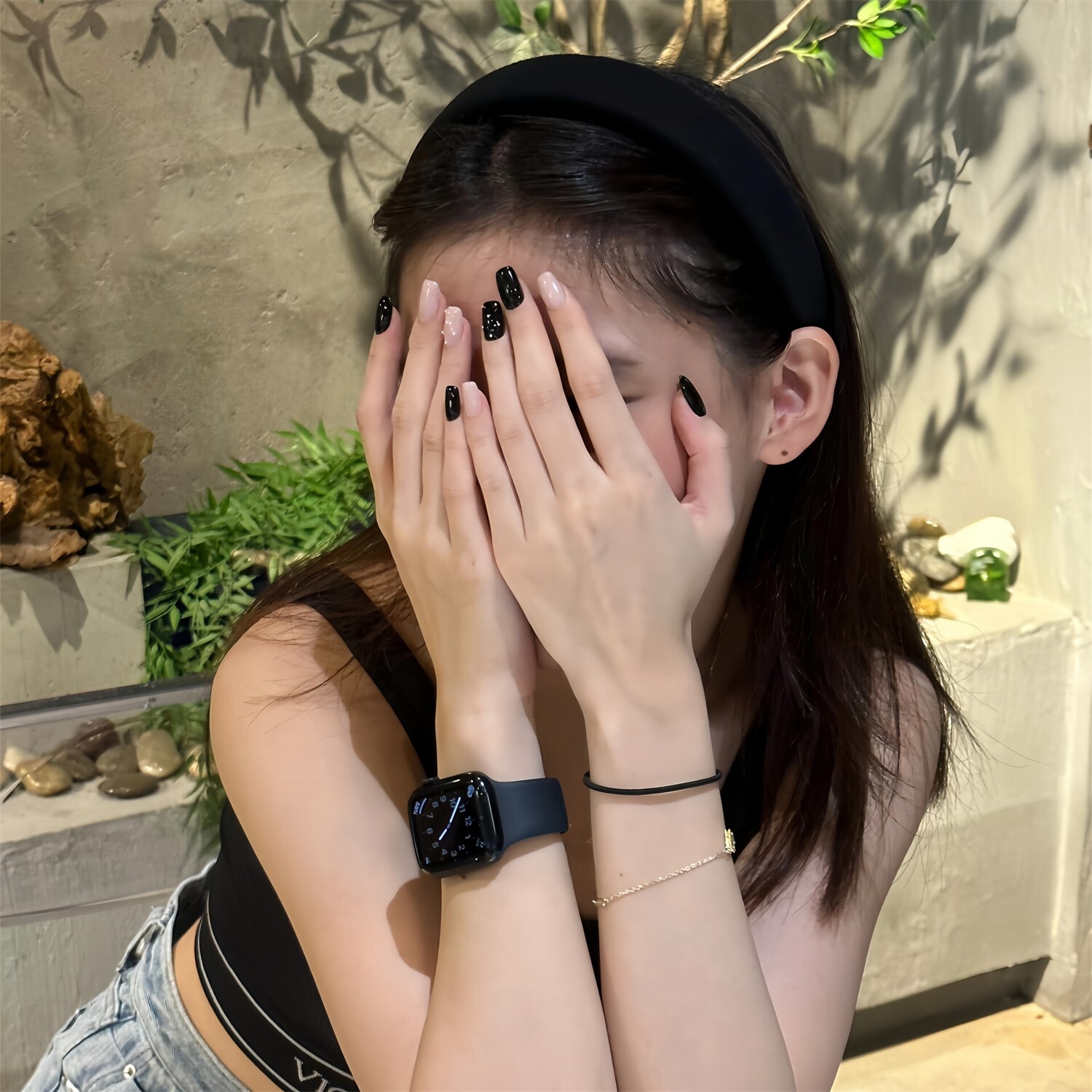 手工定制穿戴甲秋冬甜酷辣妹黑粉撞色银珠个性美甲持久防水可拆卸