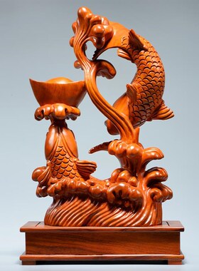 快速发货花梨f木雕年年有余摆件连年有余实木质雕刻家居客厅装饰