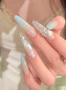 纯手工穿戴甲冰透裸色猫眼蓝色法式渐变海洋贝壳亮片美甲贴长细狗