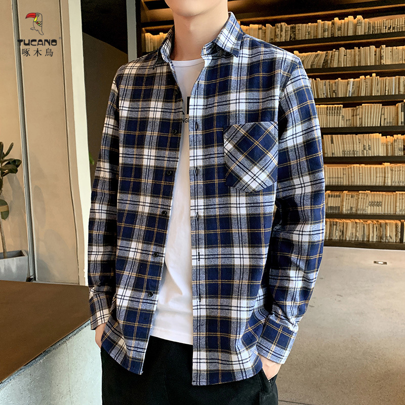 啄木鸟夏季纯棉格子衬衫男士潮