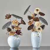 花瓶摆件中式 花艺假花装 饰佛前供佛仿真荷花莲花干花禅意干花插枝