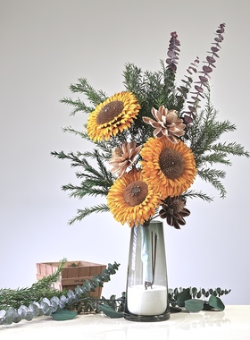 永生花向日葵仿真花干花花束真花客厅摆设装饰混搭花束大束带花瓶
