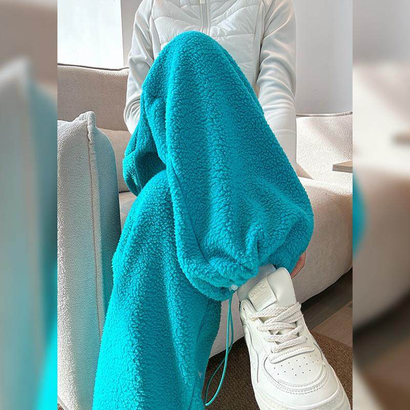 羊羔毛加厚保暖阔腿裤女秋冬泰迪绒裤宽松款摇粒绒抽绳束腿休闲裤