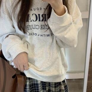 韩版字母印花圆领白色卫衣女加绒秋冬季情侣套头上衣男款班服