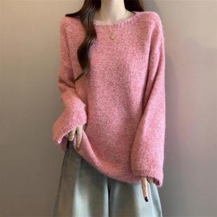 超好看粉色马海毛针织衫正肩毛衣女2025秋新款大码胖mm中长款上衣
