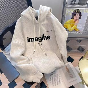 秋冬季大码连帽加绒卫衣男港风潮流宽松韩版bf慵懒风白色上衣ins