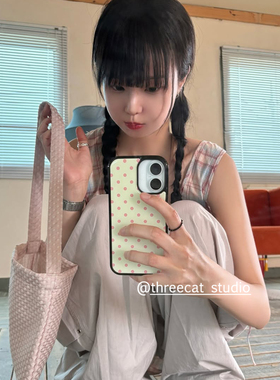 韩ins少女心珊瑚绿波点欧尼博主同款手机壳适用于iphone17promax/16pro苹果15/14/13/12黑边11保护套Xsmax