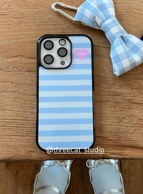 韩ins甜美蓝色条纹欧尼博主同款手机壳适用于iphone17promax/16pro苹果15/14/13/12黑边11保护套Xsmax