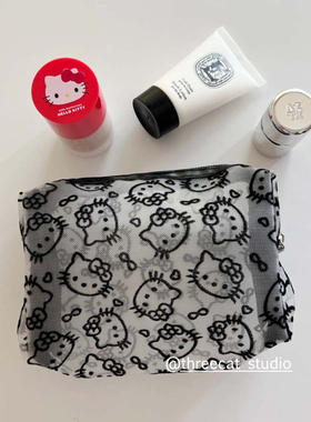 韩系ins黑色kitty网格收纳随身日用收纳包ccd学生手拿包化妆包
