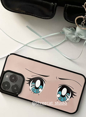 韩系Y2K学院动漫蓝色眼睛欧尼博主同款手机壳适用于iphone17promax/16pro苹果15/14/13/12黑边11保护套Xsmax