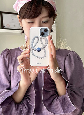 韩ins蓝色珠链欧尼菲林壳适用于iphone17promax苹果16pro/15/14/13/12/11全包Xsmax手机保护套XR亮面