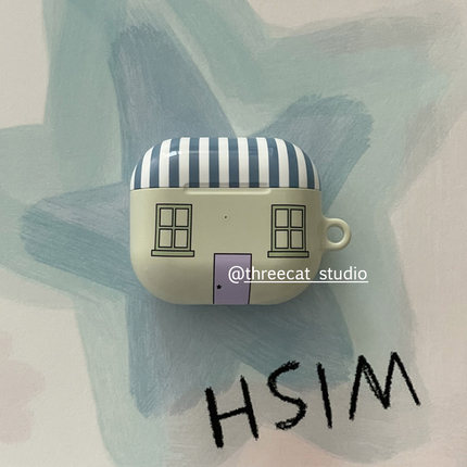 韩ins设计chic蓝条纹紫色小门房子pro3进口菲林耳机壳适用苹果1/2/3/4代airpods pro2保护套airpods 4代硬亮