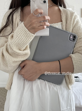 韩ins灰色皮质三折叠11代air7/6/5/4平板10代ipad保护壳pro2025防摔透明笔槽11寸苹果ipad7/8/9/10保护套