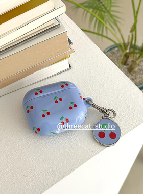 韩ins设计chic-蓝色许多樱桃pro3进口菲林耳机壳适用于苹果1/2/3/4代airpods pro2保护套airpods 4代硬亮