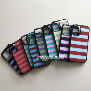 韩ins时尚 16pro苹果15 12黑边11保护套Xsmax 颜色相间横纹欧尼老钱风手机壳适用于iphone17promax