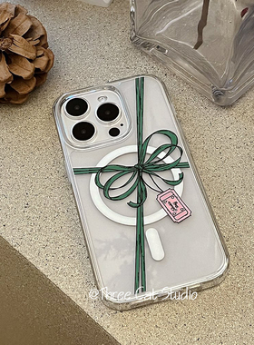 韩国ins小众绿色绑带蝴蝶结磁吸无线充magsafe卡套包手机壳适用于iphone16promax/15pro苹果14/13/12/11