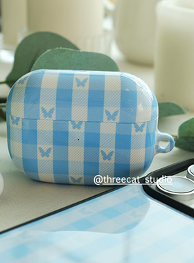 韩ins设计chic蓝色格子蝴蝶pro3进口菲林耳机壳适用于苹果1/2/3/4代airpods pro2保护套airpods 4代硬亮