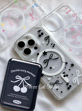 韩欧尼ins黑色樱桃蝴蝶结皮革磁吸无线充magsafe卡套手机壳适用于iphone17pro/16promax苹果15/14/13/12/11