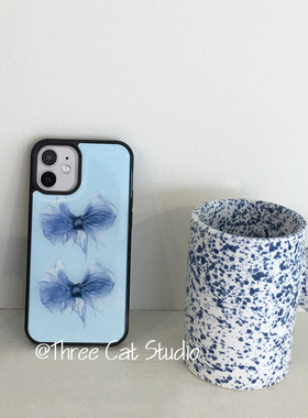 韩ins蓝色神秘轻纱欧尼博主同款手机壳适用于iphone17promax/16pro苹果15/14/13/12黑边11保护套Xsmax