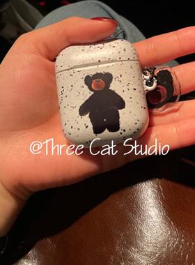 韩ins设计可爱泼墨可爱小熊pro3进口菲林耳机壳适用于苹果1/2/3/4代airpods pro2保护套airpods 4代硬亮