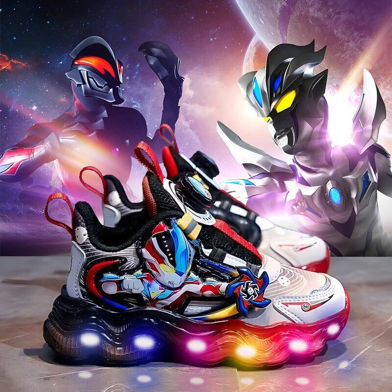英国DGKP奥特曼男童亮灯运动鞋2025新款儿童透气防滑发光老爹鞋潮