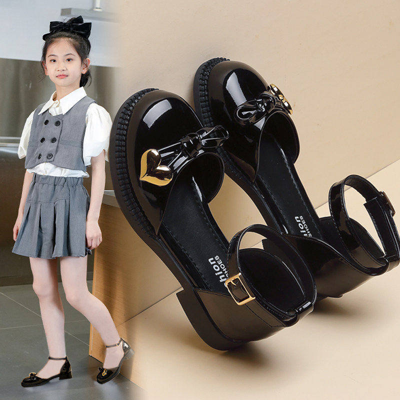 next MaxM儿童黑色凉鞋女童包头2026夏季皮鞋儿童女孩学生皮凉鞋