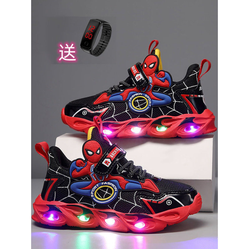英国DGKP蜘蛛侠儿童亮灯运动鞋2025春秋新款男童网面透气发光鞋子