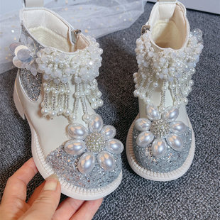 VTVK女童短靴2025秋冬单里靴子白色公主皮靴小女孩鞋子平跟马丁靴