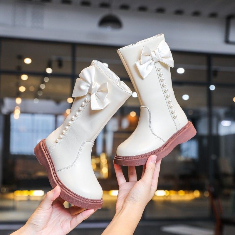 英国DHWA女童真皮珍珠中筒靴子2025新款秋冬儿童加绒软底马丁皮靴