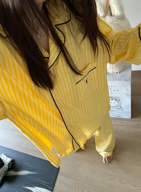 DR轻奢纯棉睡衣女秋季2025新款黄色条纹长袖长裤慵懒风家居服套装