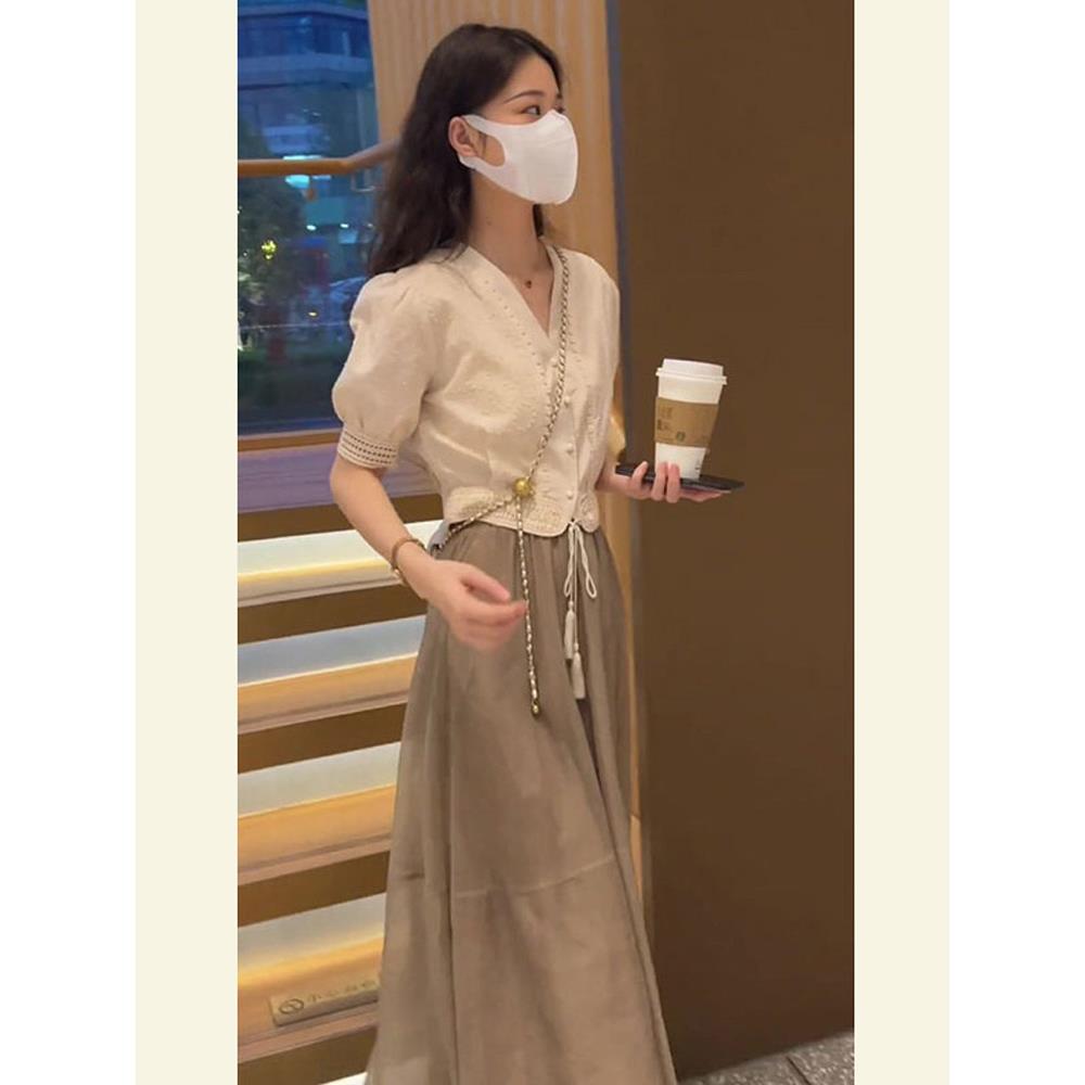 欧洲站法式茶歇初恋甜美设计感小众减龄温柔风衬衫半身裙两件套夏