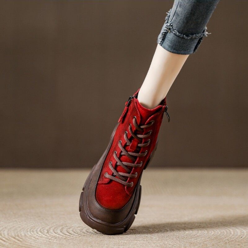 西班牙小众品牌ONGYSL加绒高筒鞋红色短靴厚底覆古真皮马丁靴女鞋,女鞋,婚鞋,淘宝优惠券,粉丝福利购,淘宝优惠卷