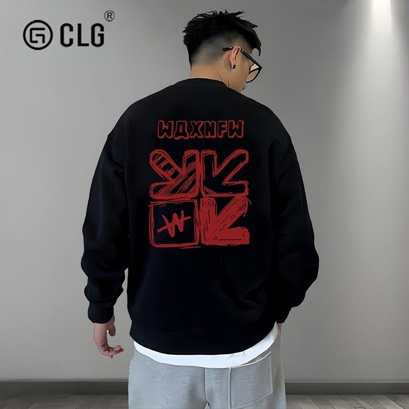 香港CLG潮牌无帽圆领卫衣男秋季新款重磅长袖加厚内搭上衣打底衫