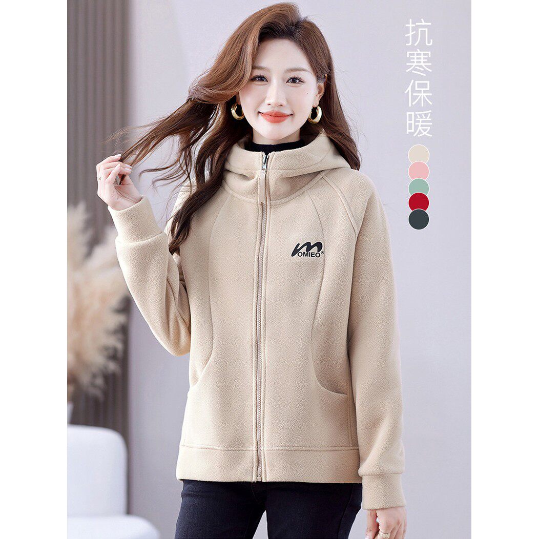 连帽摇粒绒保暖卫衣短外套女2025秋冬时尚舒适柔软加绒开衫上衣潮